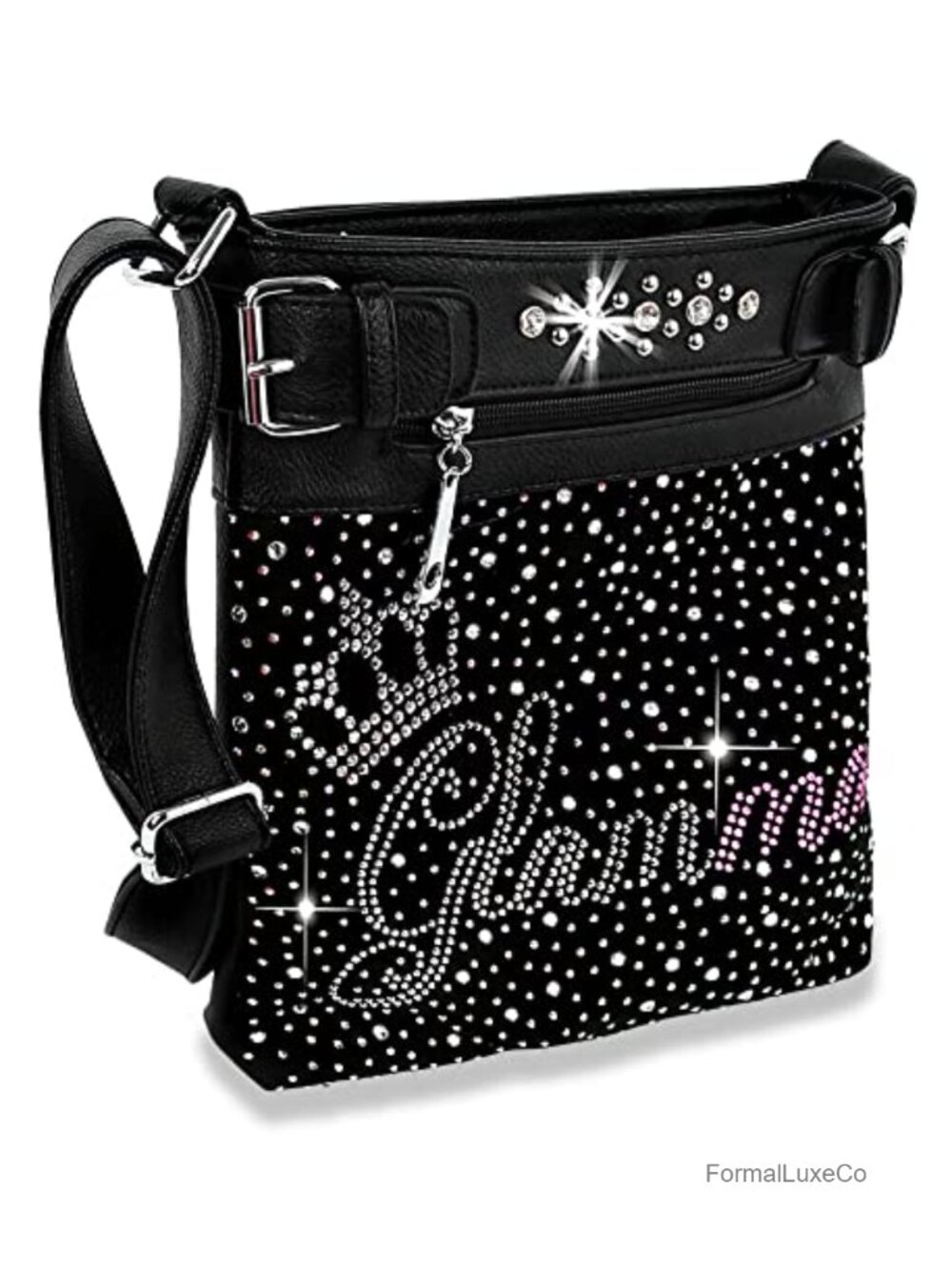 Vegan Faux Leather Rhinestone Crossbody Sling Bag Adjustable Strap